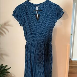 H&M Blue and White Ruffled Wrap Midi Dress